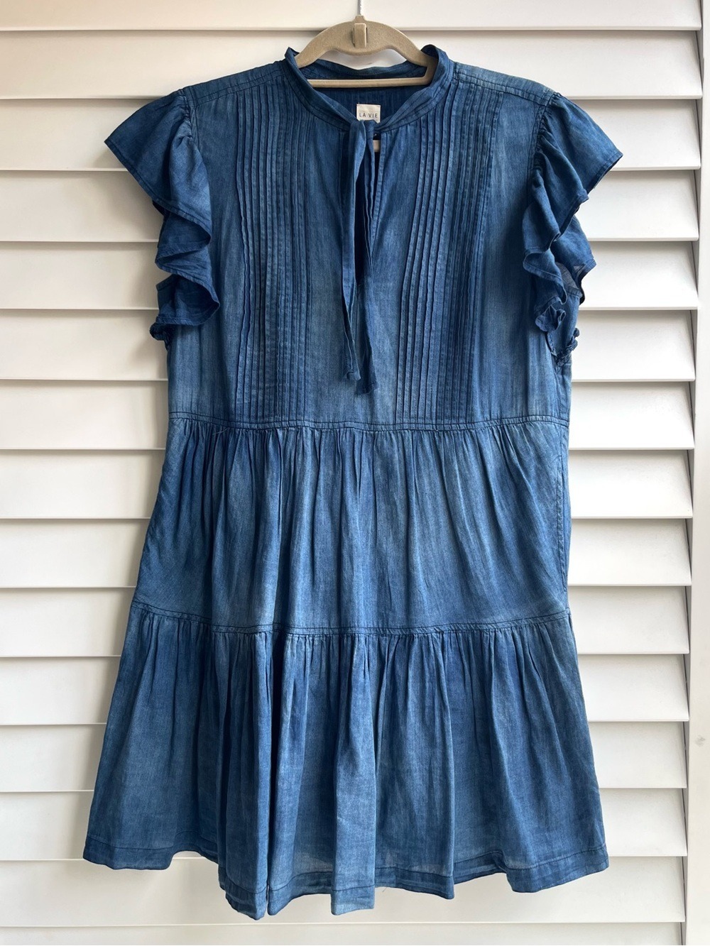 Rebecca Taylor La Vir Pleated Chambray Tie-Neck Dress - Picture 4 of 11